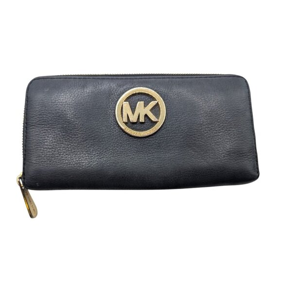 Michael Kors Handbags - Michael Kors Black Pebbled Leather Zip-Around Wallet With Gold MK Logo & Multipl